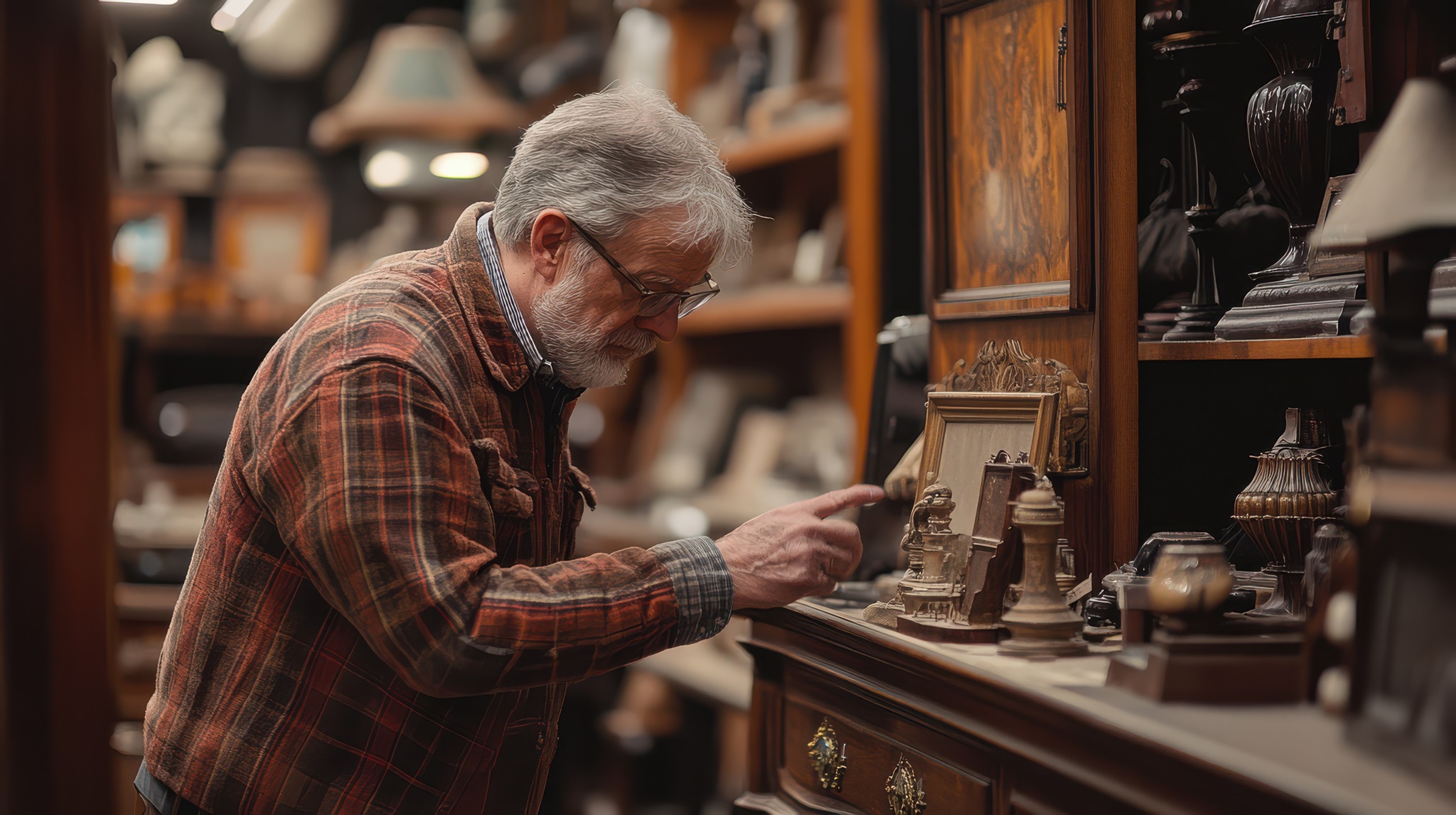 Client admirant ses meubles anciens réparés, louant le savoir-faire et le soin apporté