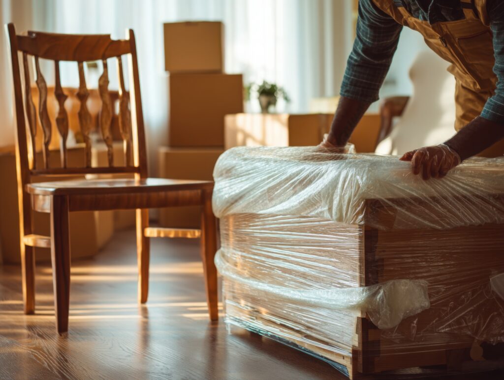 Déménageur soigneux emballant des meubles dans un film plastique, préparant un déménagement, symbolisant protection et soin.