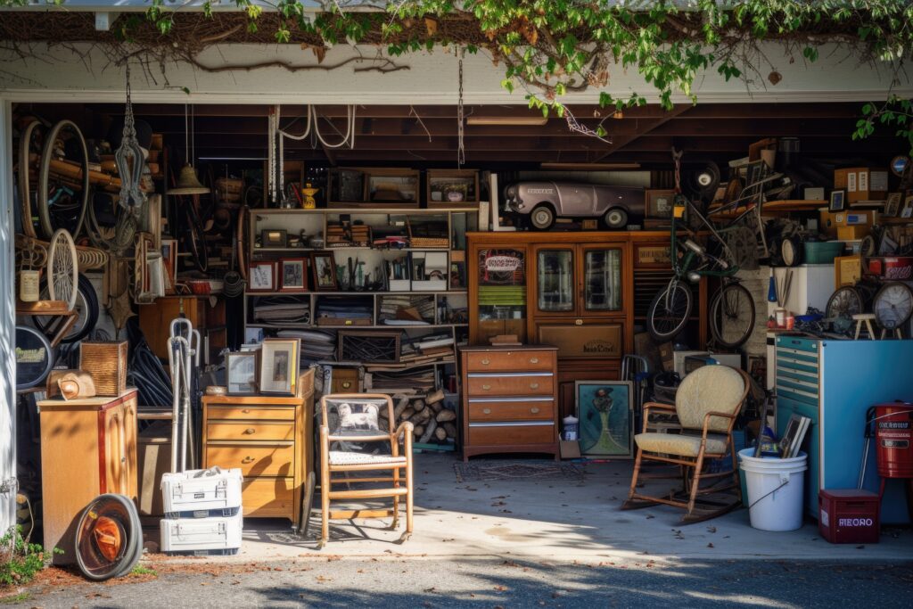 Garage de maison plein de vieux meubles
