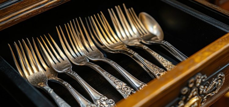 A detailed macro shot of several forks inside a cutlery drawer, showing the intricate details of the tines and handles, taken with a Nikon D850 and a 105mm macro lens, soft diffused lighting, kitchen interior photography style, realistic, deep color, super detailed, 8K, high resolution, best photo, --chaos 50 --ar 16:9 --style raw --stylize 500 --v 6.1 Job ID: 79c30ebb-6382-4afc-a9ff-5909173a9276